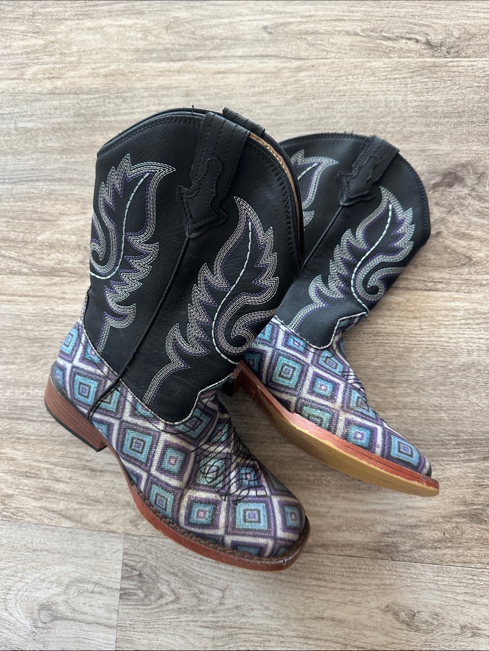 Roper Kids Black Cowboy Boots with Multicolor Geometric Print